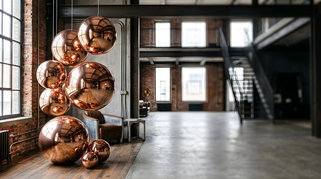 Decorative copper spheres in a modern industrial loft apartment interior