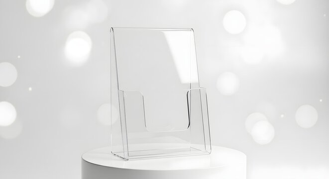 Clear acrylic display stand on a white pedestal with bokeh background, perfect for showcasing brochures or flyers in a retail or office setting.