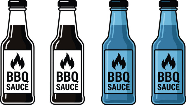 Flat vector illustration set of BBQ sauce bottles with flame logo on label
