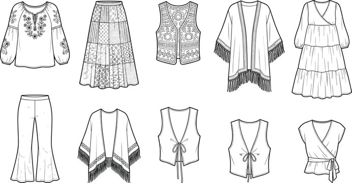 Bohemian style fashion technical sketch vector collection featuring embroidered clothing fringe kimonos and flared trousers