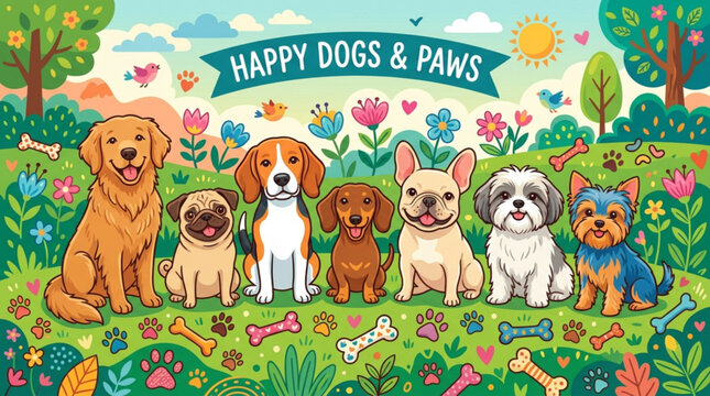 Colorful vector illustration of various happy dog breeds sitting in a vibrant garden with flowers bones with cheerful meadow surrounded group diverse cartoon