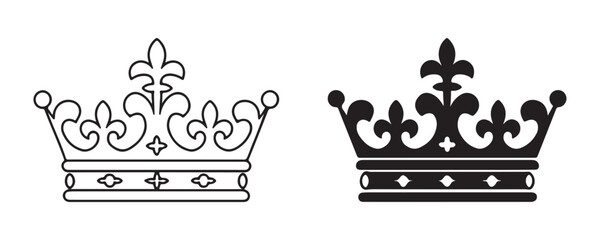 Black and white royal crown silhouettes with intricate details and fleur de lis symbols on transparent. © Sen