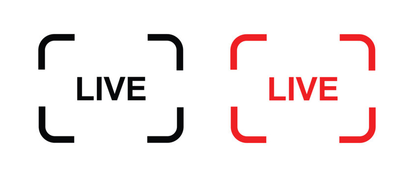 Graphic representation of live broadcast indicators, featuring "LIVE" text within square brackets, in both black and red colors, on a white background.