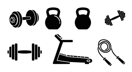 Black icons of various gym equipment on white background with including dumbbells kettlebells kettlebells treadmill jump jump rope arranged with weightlifting © Pabitra
