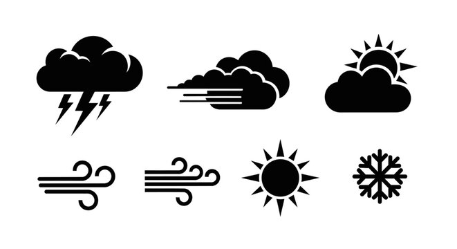 Weather forecast icons for rain wind sun with icons including symbols black white weather displays set black meteorology storm cloud snow