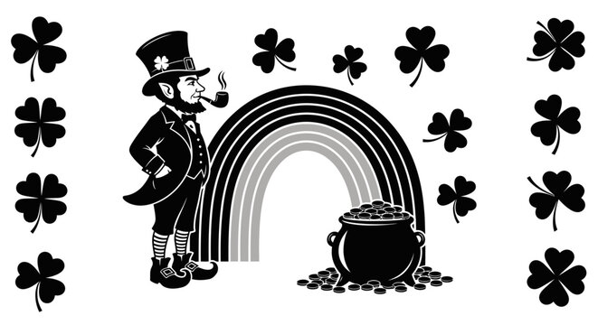 St patrick's day illustration with leprechaun rainbow with leprechaun standing beside black white illustration end surrounded shamrocks rainbow pot gold