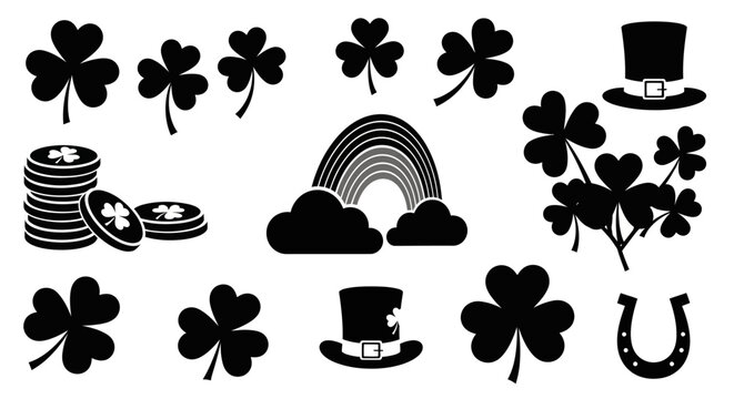 St patrick's day symbols with collection black white icons symbols associated st four leaf clover top hat celebration horseshoe shamrock with festival