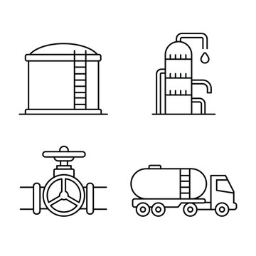 Petroleum industry outline icon set with oil storage tank, refinery tower, valve, and fuel tanker truck.