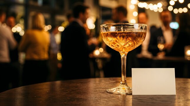 Elegant champagne coupe glass with blank place card at evening party