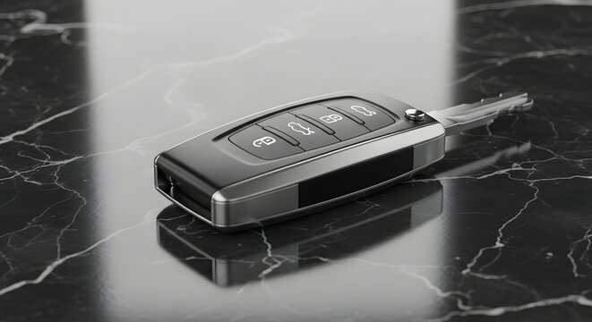 Modern car key with remote control functions resting on a reflective black marble surface, symbolizing security and automotive technology.