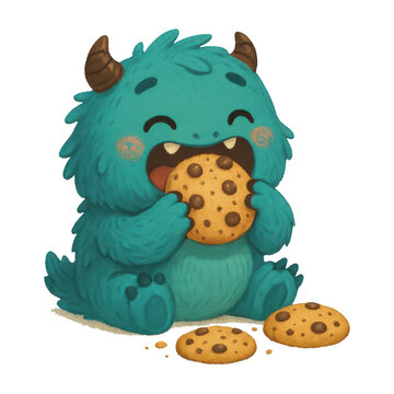 PNG Cute monster eating cookies happily.