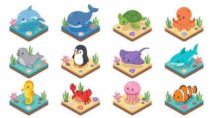 Colorful cartoon sea creatures on sandy islands. © Janji