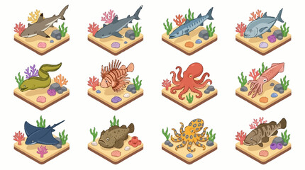 Colorful cartoon sea creatures on ocean floor. © Janji