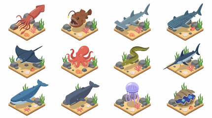 Colorful Isometric Sea Creatures Collection. © Janji
