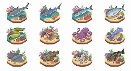 Colorful Sea Creatures on Coral Reefs Illustration. © Janji