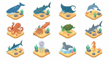 Colorful cartoon sea creatures on ocean floor. © Janji