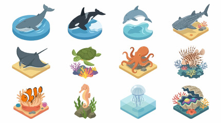 Colorful Isometric Ocean Animals and Coral Reef Scene. © Janji