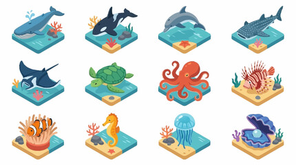 Colorful Isometric Ocean Creatures Collection. © Janji