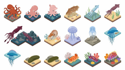 Colorful Isometric Ocean Creatures and Coral Reef Scene. © Janji