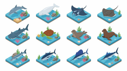 Colorful Isometric Ocean Sea Life Collection. © Janji
