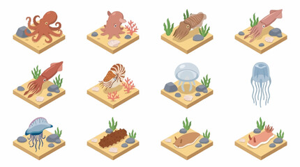 Colorful Isometric Ocean Creatures and Sea Life Collection. © Janji
