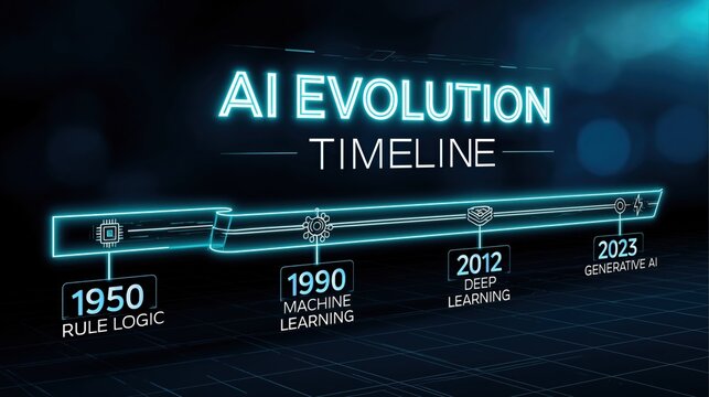 AI Evolution Timeline: From Rule Logic to Generative AI, Showcasing Key Milestones in Artificial Intelligence History