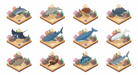 Colorful Isometric Dinosaur and Marine Life Illustrations. © Janji