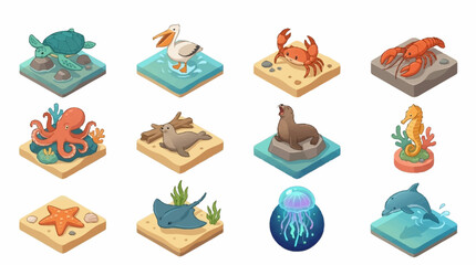 Colorful Isometric Sea Creatures and Ocean Elements Collection. © Janji