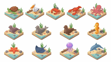 Colorful Isometric Sea Creatures Collection. © Janji