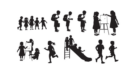 Obraz premium Children playing and school silhouettes featuring kids with backpacks painting and running for educational design vector.
