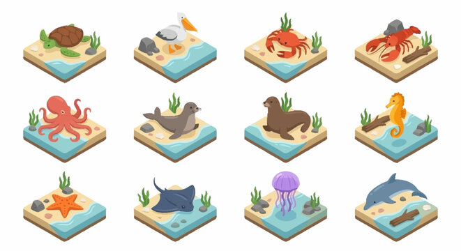 Colorful Isometric Ocean Creatures Collection.