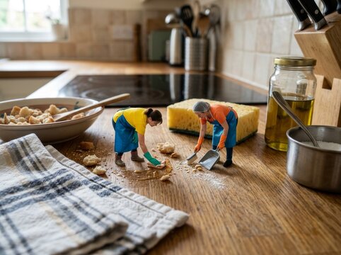 Figuras en una cocina limpia con alimentos esparcidos y utensilios para recoger en la mesa
