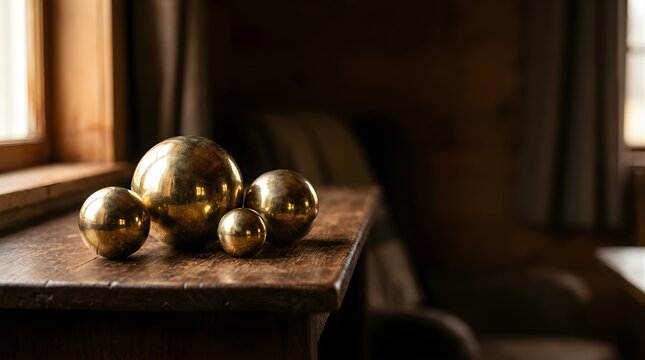 Four polished golden spheres placed on a rustic wooden table indoors
