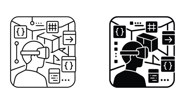 Virtual reality education and training icons in line and glyph styles