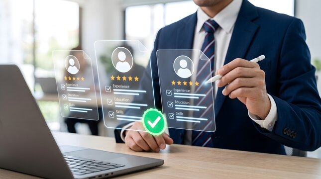 Businessman analyzing virtual employee profiles, rating candidates, recruitment process, HR technology, office workspace