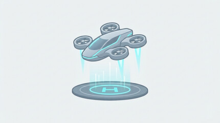 Futuristic electric vertical takeoff and landing aircraft hovering above a circular landing pad with glowing light effects in a minimalist illustration © Zakhid