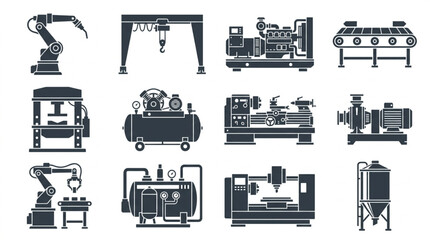 Obraz premium Collection of industrial machinery and equipment icons.