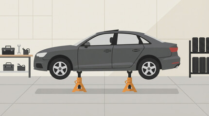 A grey sedan car elevated on yellow jack stands inside a clean professional automotive repair workshop with tools and tires organized in the background © Zakhid