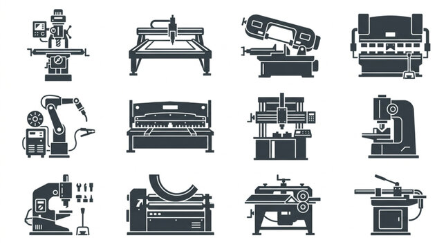 Collection of Industrial Manufacturing Machinery and Equipment Icons.