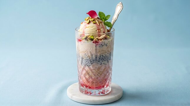 Layered traditional rose falooda dessert in a decorative crystal glass with vanilla ice cream, pistachios, and almonds on a marble base