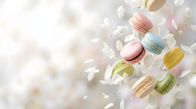 Colorful French macarons falling with white flower petals on light background