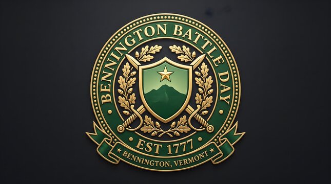 Heraldic emblem badge banner with crossed swords, oak wreath, mountain shield crest and curved typographic ring text Bennington Battle Day Est 1777, symmetrical gold and green vector design