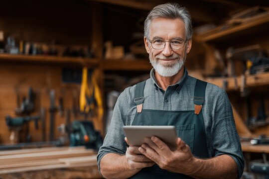 Smiling older craftsman with tablet computer in his woodworking workshop