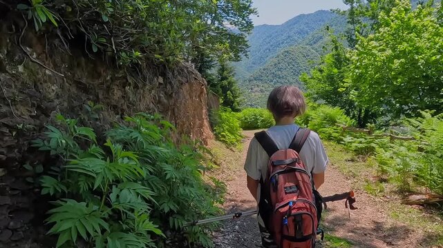 Hiker walking dirt road rear view in Georgia, carrying small backpack along green mountain village trail for hiking tourism, countryside travel, route planning, and outdoor trekking media footage