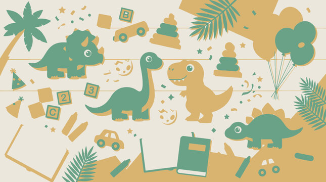Cute dinosaur background with toys, books, balloons, and leaves in minimalist flat vector style