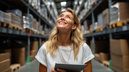 Fototapeta premium Smiling woman holding tablet in warehouse, looking up with boxes on shelves