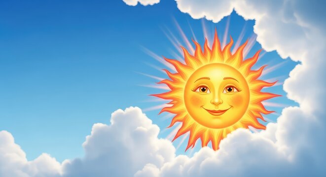 Un sol radiante y colorido con una cara sonriente brilla intensamente en un cielo azul claro rodeado de suaves nubes blancas de verano, vector, vacaciones, cielo