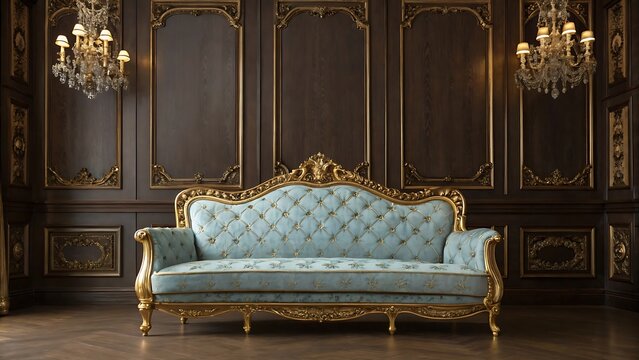 Elegant light blue tufted sofa in classic room interior with ornate wood trim and crystal chandeliers, interior design