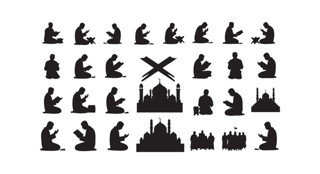 Diverse set of islamic prayer and mosque silhouettes illustrating various poses of worship and religious buildings.