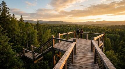 Obraz premium Wooden observation deck overlooking a vast forest at sunset.